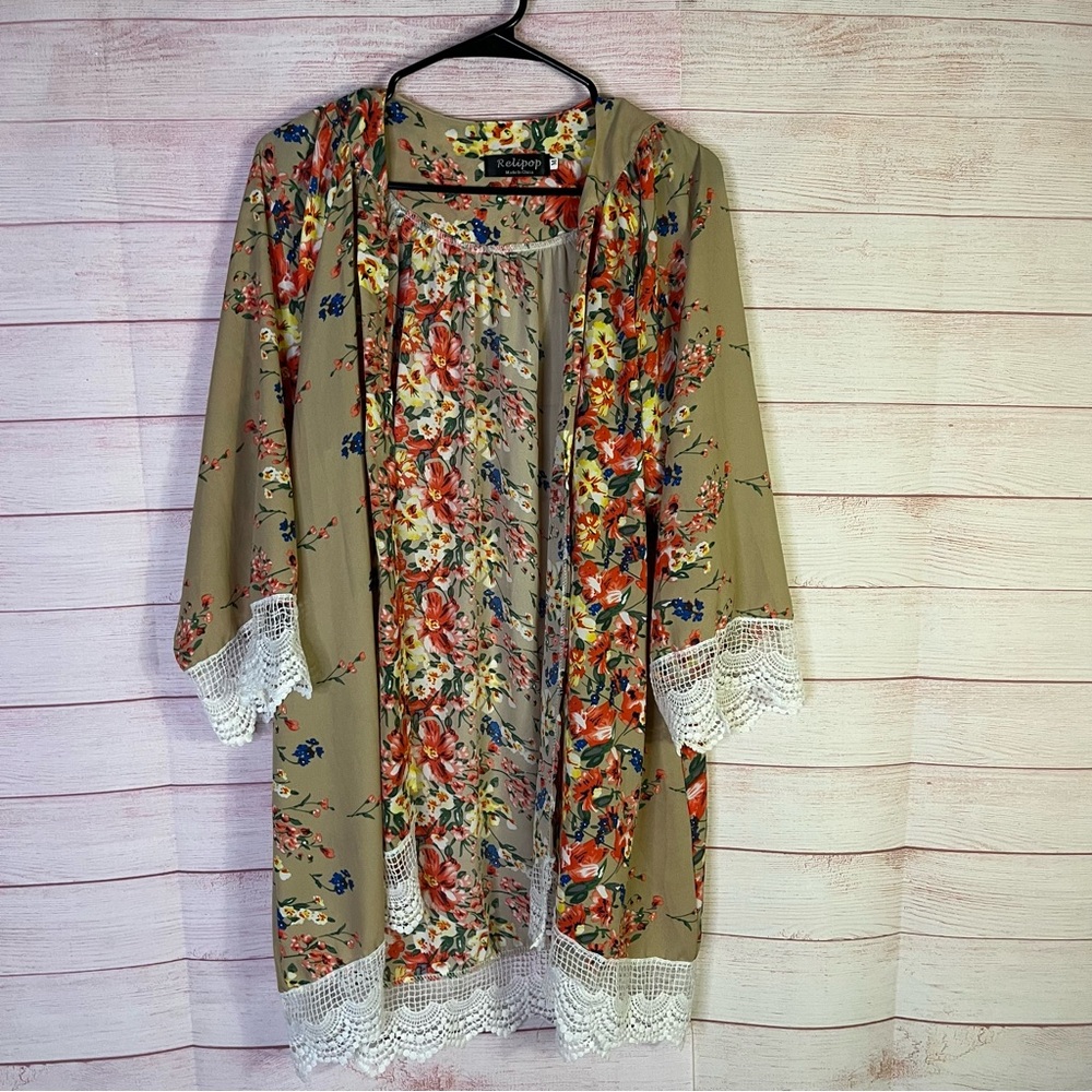 Relipop Floral Lace Open Front Kimono Cardigan Size Medium